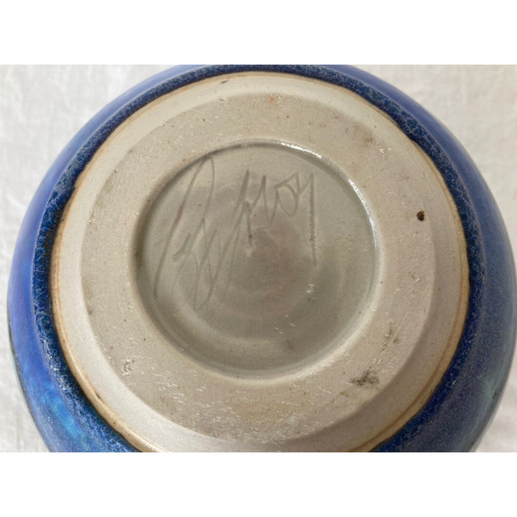 Vintage Handmade Studio Pottery Blue Round Circular Vase Signed Silver Band Rim - Picture 8 of 8